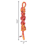 Blue and Green twisted rope dog toy with knotted ends and chewable texture. Shown with product dimensions