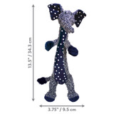 Plush blue elephant  plush dog toy with long thin body. Shown with product dimensions
