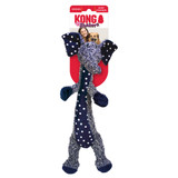 Plush blue elephant  plush dog toy with long thin body. Shown in its retail packaging.