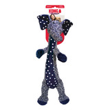 Plush blue elephant  plush dog toy with long thin body. Shown in its retail packaging.