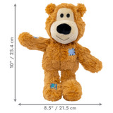 Brown plush bear dog toy with stitched face and soft body. Shown with product dimensions