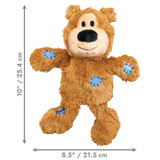 Brown plush bear dog toy with stitched face and soft body. Shown with product dimensions