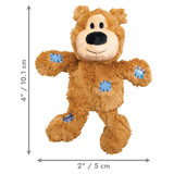 Brown plush bear dog toy with stitched face and soft body. Shown with product dimensions
