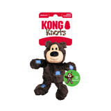 Brown plush bear dog toy with stitched face and soft body. Shown in its retail packaging.