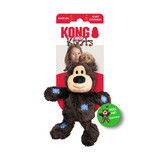 Brown plush bear dog toy with stitched face and soft body. Shown in its retail packaging.