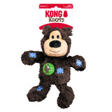 Brown plush bear dog toy with stitched face and soft body. Shown in its retail packaging.