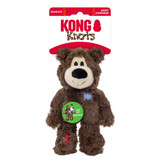 Brown plush bear dog toy with stitched face and soft body. Shown in its retail packaging.