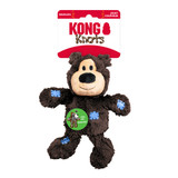 Brown plush bear dog toy with stitched face and soft body. Shown in its retail packaging.