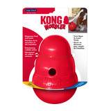 Red beehive-shaped treat dispensing dog toy with center hole. Shown in its retail packaging.