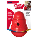 Red beehive-shaped treat dispensing dog toy with center hole. Shown in its retail packaging.