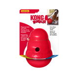 Red beehive-shaped treat dispensing dog toy with center hole. Shown in its retail packaging.