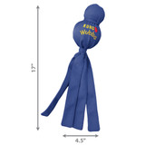 Purple toy with round head and tethered ends. Shown with product dimensions