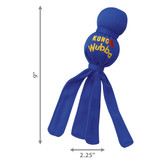 Purple toy with round head and tethered ends. Shown with product dimensions
