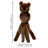Brown plush fox  dog toy with long tethered ends and floppy ears. Shown with product dimensions