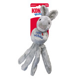 Brown plush fox  dog toy with long tethered ends and floppy ears. Shown in its retail packaging.