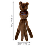Brown plush fox  dog toy with long tethered ends and floppy ears. Shown with product dimensions