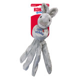 Brown plush fox  dog toy with long tethered ends and floppy ears. Shown in its retail packaging.