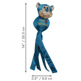 Green Rabit character toy with round head and tethered legs. Shown with product dimensions