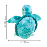 Green Turtle plush dog toy with soft body and floppy arms. Shown with product dimensions