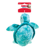 Green Turtle plush dog toy with soft body and floppy arms. Shown in its retail packaging.