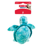 Green Turtle plush dog toy with soft body and floppy arms. Shown in its retail packaging.