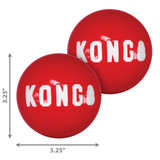 Red natural rubber ball dog toy with “KONG” branding.  Shown with product dimensions