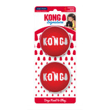 Red natural rubber ball dog toy with “KONG” branding.  Shown in its retail packaging.