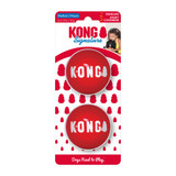 Red natural rubber ball dog toy with “KONG” branding.  Shown in its retail packaging.