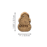 Brown KONG shaped dog treat. Shown with product dimensions