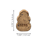Brown KONG shaped dog treat. Shown with product dimensions
