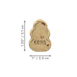 Tan KONG shaped dog treat. Shown with product dimensions