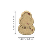 Tan KONG shaped dog treat. Shown with product dimensions