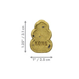Tan KONG shaped dog treat. Shown with product dimensions