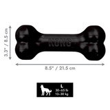 Black bone-shaped dog toy with textured ends. Shown with product dimensions