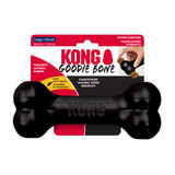 Black bone-shaped dog toy with textured ends. Shown in its retail packaging.