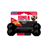 Black bone-shaped dog toy with textured ends. Shown in its retail packaging.