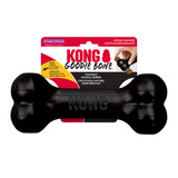 Black bone-shaped dog toy with textured ends. Shown in its retail packaging.