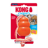 Orange KONG-shaped dog toy with red and white rope attached. Shown in its retail packaging.