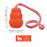 Orange KONG-shaped dog toy with red and white rope attached. Shown with product dimensions