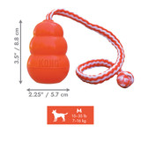 Orange KONG-shaped dog toy with red and white rope attached. Shown with product dimensions