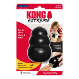 Black natural rubber KONG shaped dog toy with three tiers and “KONG” embossed. Shown in its retail packaging.