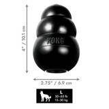 Black natural rubber KONG shaped dog toy with three tiers and “KONG” embossed. Shown with product dimensions