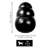Black natural rubber KONG shaped dog toy with three tiers and “KONG” embossed. Shown with product dimensions