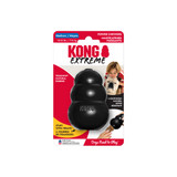 Black natural rubber KONG shaped dog toy with three tiers and “KONG” embossed. Shown in its retail packaging.