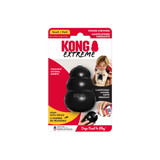 Black natural rubber KONG shaped dog toy with three tiers and “KONG” embossed. Shown in its retail packaging.