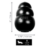 Black natural rubber KONG shaped dog toy with three tiers and “KONG” embossed. Shown with product dimensions
