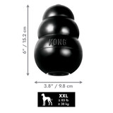 Black natural rubber KONG shaped dog toy with three tiers and “KONG” embossed. Shown with product dimensions