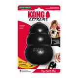 Black natural rubber KONG shaped dog toy with three tiers and “KONG” embossed. Shown in its retail packaging.