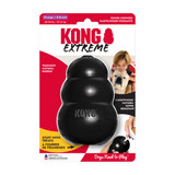 Black natural rubber KONG shaped dog toy with three tiers and “KONG” embossed. Shown in its retail packaging.