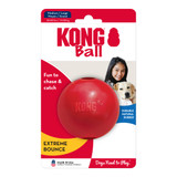 Red natural rubber ball-shaped dog toy with a hole in the center. Shown in its retail packaging.